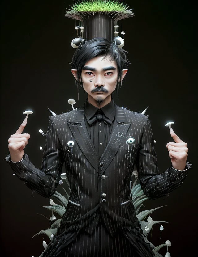 <lora:ExoBioTech:1.0> exobiotech male Eighteen Balanced, East Asian, Brown eyes, Small Ears, Unique Nose, Narrow Chin, Round Jaw, Hollow Cheeks, Graceful Arch of the Foot, Chevron Mustache , Light Black (Soft Black) Spiky hair hair, Surprise, wearing Performance leggings, Pinstripe Dress shirt, , Top hat, and and, Arms extended forward, showing a willingness to give or receive