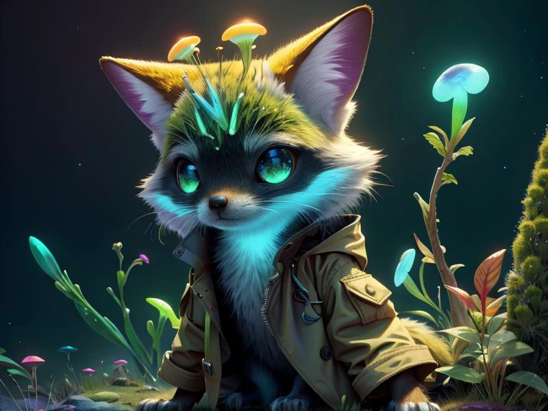 (Style: realism, (epic:1.2), realistic, photo, trending on artstation, (pixar:1.2), 3d, cartoon, ((high quality:1.2, masterpiece:1.2)) , (8k resolution) , high details, incredibly absurdres, color connection, colorized, colorful, neon colors, (bioluminescence:1.1), (iridescent:1.2), (no humans:1.3)),
<lora:ExoBioTech:0.65> exobiotech, bio, scifi,
fennec fox,, animal, cute big eyes, trench coat), foreign planet,,