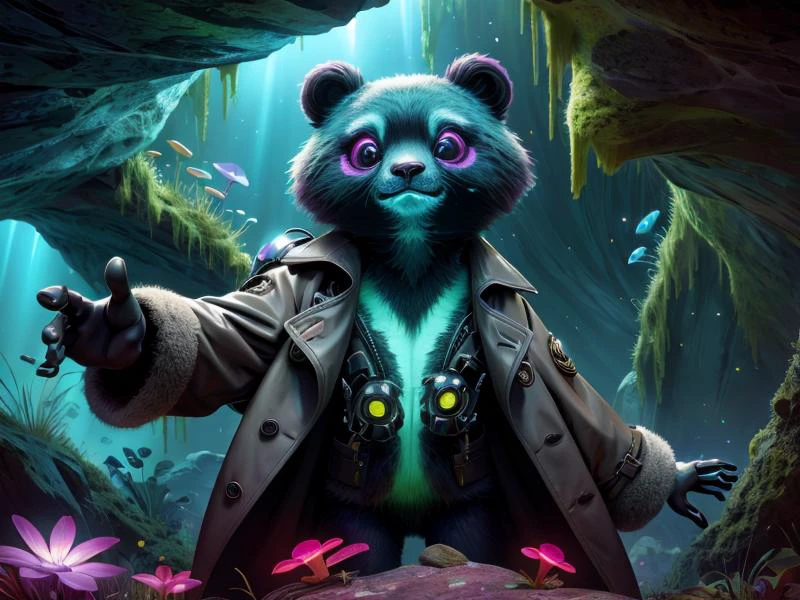 (Style: realism, (epic:1.2), realistic, photo, trending on artstation, (pixar:1.2), 3d, cartoon, ((high quality:1.2, masterpiece:1.2)) , (8k resolution) , high details, incredibly absurdres, color connection, colorized, colorful, neon colors, (bioluminescence:1.1), (iridescent:1.2), (no humans:1.3)),
<lora:ExoBioTech:0.65> exobiotech, bio, scifi,
(panda,, animal, cute big eyes, trench coat), cave,