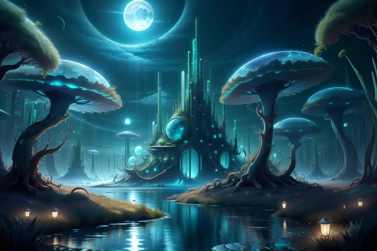 (moonlight:1.2), night , forest , lake, ripples, <lora:GlassTech-20:0.6> glasstech, transparent, scifi, <lora:ExoBioTech-20:0.6> exobiotech, bio,