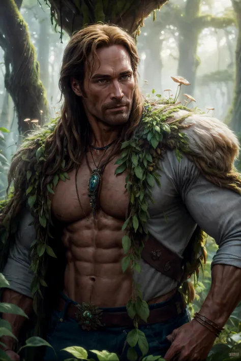 <lora:add_detail:0.4> <lora:ExoBioTech:0.8> (masterpiece, best quality, realistic, detailed, crisp:1.2), intricate details, (portrait), exobiotech, (ohearn), <lora:BabyDontHurtMeDogu:0.6> as a mystical druid, in a forest, posing,