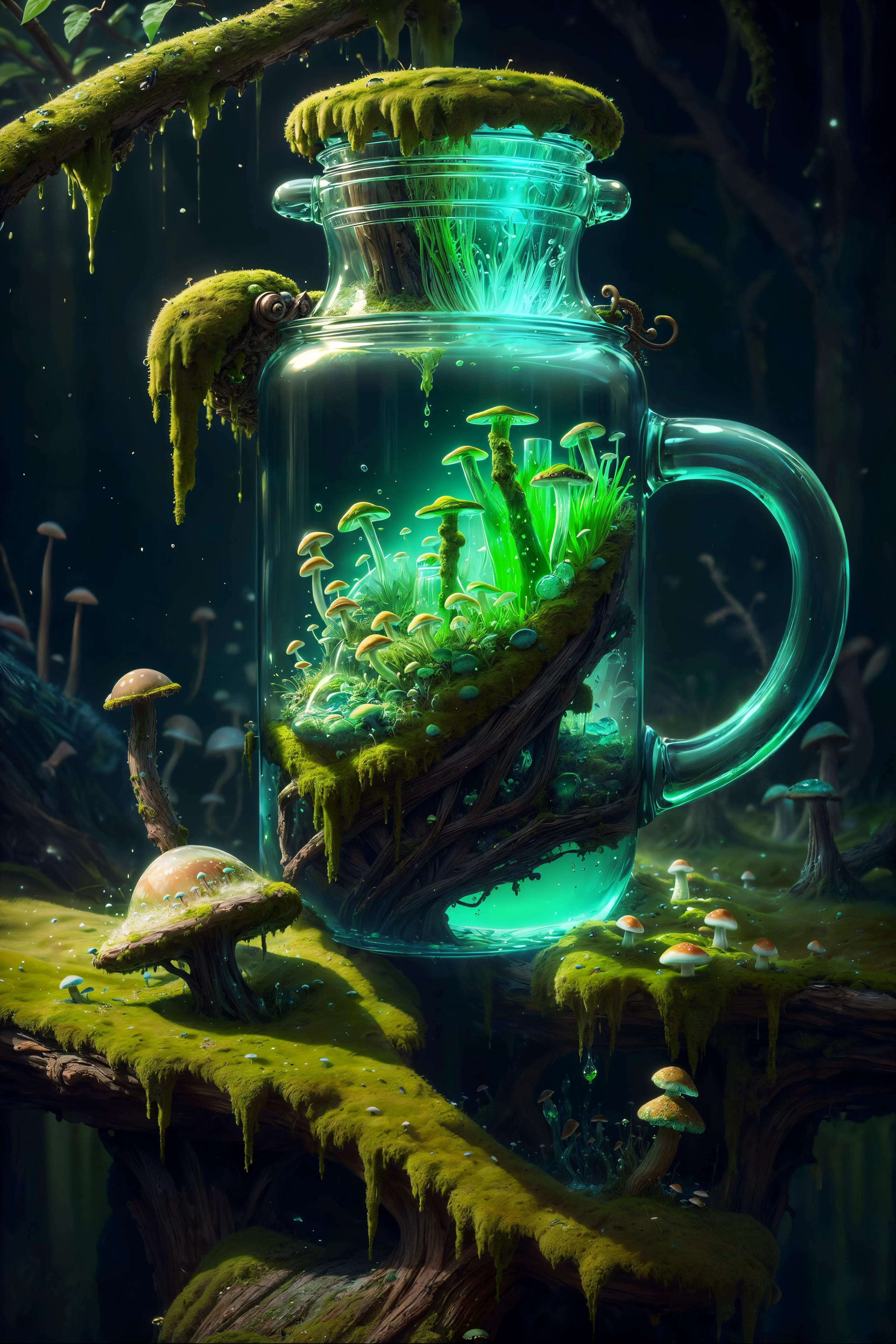 <lora:add_detail:0.4> <lora:ExoBioTech-20:0.8> (masterpiece, best quality, realistic, detailed, crisp:1.2), intricate details, exobiotech, bio, moss, green and blue liquid, fungi,