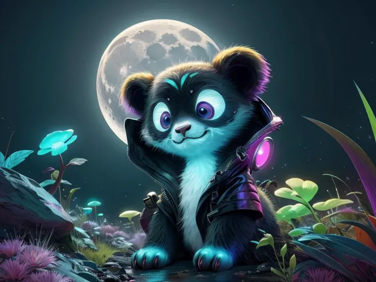 (Style: realism, (epic:1.2), realistic, photo, trending on artstation, (pixar:1.2), 3d, cartoon, ((high quality:1.2, masterpiece:1.2)) , (8k resolution) , high details, incredibly absurdres, color connection, colorized, colorful, neon colors, (bioluminescence:1.1), (iridescent:1.2), (no humans:1.3)),
<lora:ExoBioTech:0.65> exobiotech, bio, scifi,
(panda,, animal, cute big eyes, trench coat), moon,,