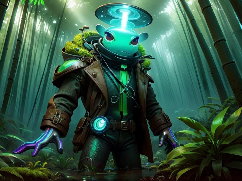 (Style: realism, (epic:1.2), realistic, photo, trending on artstation, (pixar:1.2), 3d, cartoon, ((high quality:1.2, masterpiece:1.2)) , (8k resolution) , high details, incredibly absurdres, color connection, colorized, colorful, neon colors, (bioluminescence:1.1), (iridescent:1.2), (no humans:1.3)),
<lora:ExoBioTech:0.65> exobiotech, bio, scifi,
crocodile,, animal, cute big eyes, trench coat), bamboo forest,,