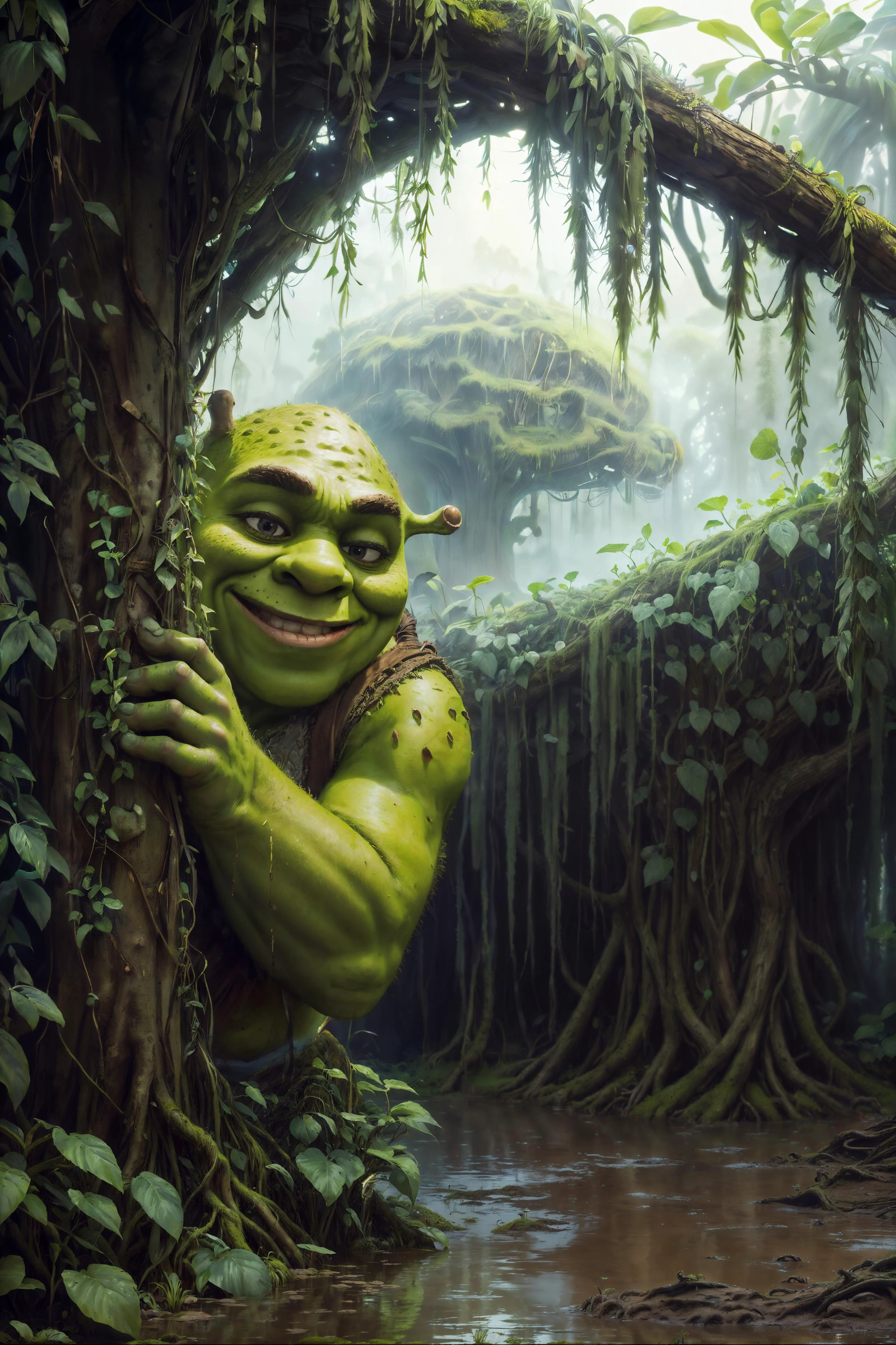 <lora:add_detail:0.4> <lora:ExoBioTech:0.8> (masterpiece, best quality, realistic, detailed, crisp:1.2), intricate details, exobiotech, (shrex), <lora:ShrekDoguVersion2:0.6> smiling, peeking out upper body, hiding behind a tree, <lora:peeking_out_upper_body_pruned:1.4> tribal, bio, vines, tribal clothes, swamp, mud,
