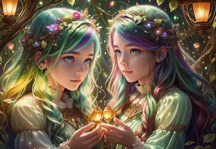 (2 girls in love in a magical forest with flying lanterns and sparkling lights around them. vines crawl around their arms. fantastic multicolored rainbowhair masterpiece: 1.1), (intricate details: 1.1), (trending on artstation: 1.1), wallpaper, hyper realistic, photograph, (perfect eyes: 1.21), (perfect face: 1.33), (detailed face: 1.33), fantasy, butterflies, <lora:ExoBioTech:1> exobiotech, bio