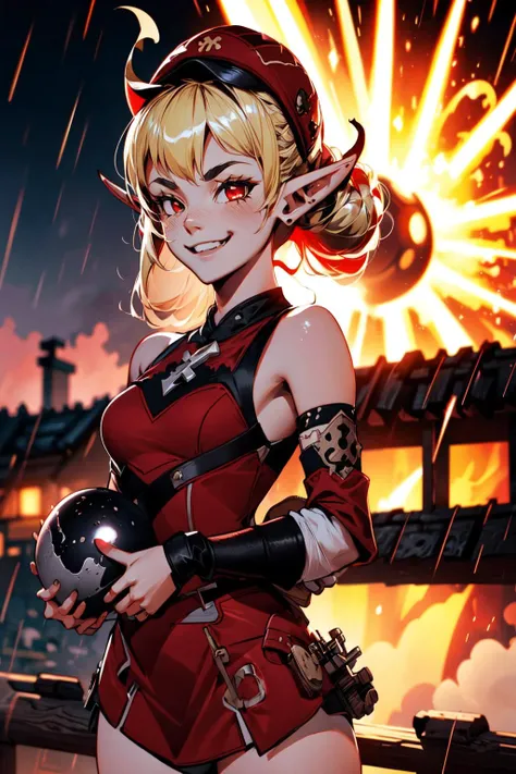 1girl, solo, evil smile, dynamic pose, holding a bomb, it's raining bombs, red round bombs, explosions, <lora:Adult_Klee_Genshin:0.7>, Adult_Klee_Genshin, pointy ears, red hat, blonde, outdoors, medieval town, <lora:add_detail:0.7>,  <lora:th1ckan1m3:1>, th1ckan1m3,