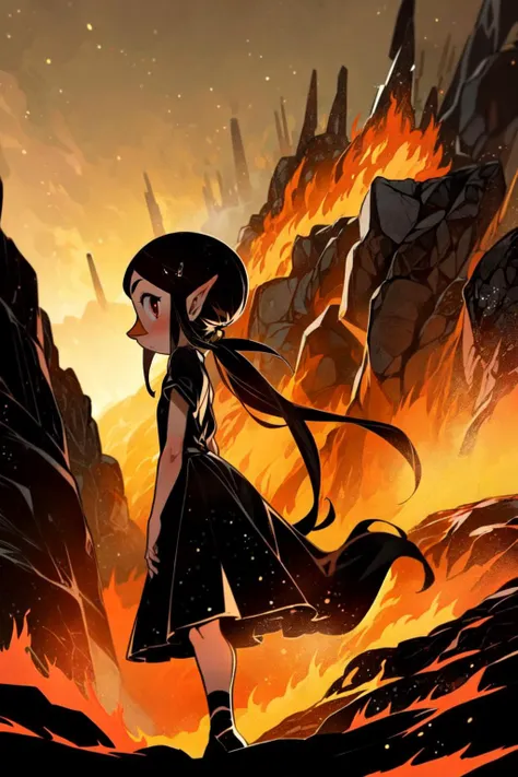 1girl, small girl, solo, <lora:medli_v1:0.7> medli, black dress, beak, ponytail, flat chest, volcanic island, smoke, geyser, rocks, lava, <lora:add_detail:0.7>, <lora:th1ckan1m3:1>, th1ckan1m3,