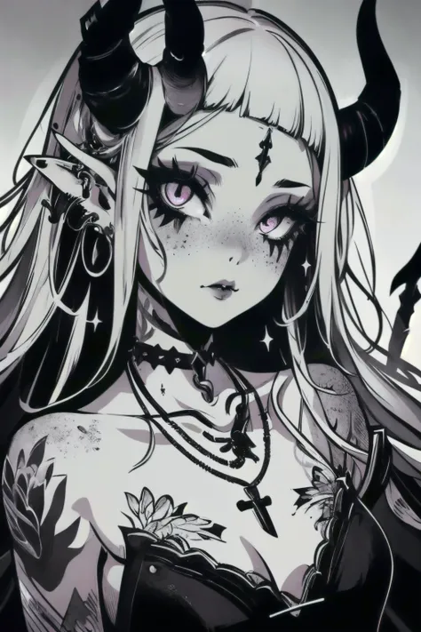 (ultra-detailed), (masterpiece), (best quality), (sharp focus), (cinematic lighting), (vibrant colors), <lora:th1ckan1m3:1> th1ckan1m3 , 1girl, fantasy magical, ethereal, horns, freckles, fairy, necklace, black gothic dress, tattoos, aesthetic, eye make-up, tilted head, sparkles