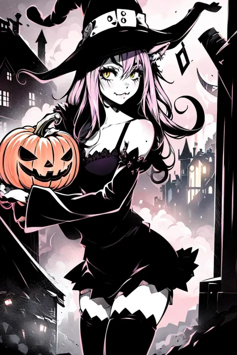 1girl, solo, dynamic pose,<lora:Blair_Soul_Eater:0.7>, Blair_Soul_Eater, cat ears, witch hat, short skirt, thighhighs, curvy, black cat haunted city, jack o lanterns, dark atmosphere, <lora:add_detail:0.7>,  <lora:th1ckan1m3:1>, th1ckan1m3,