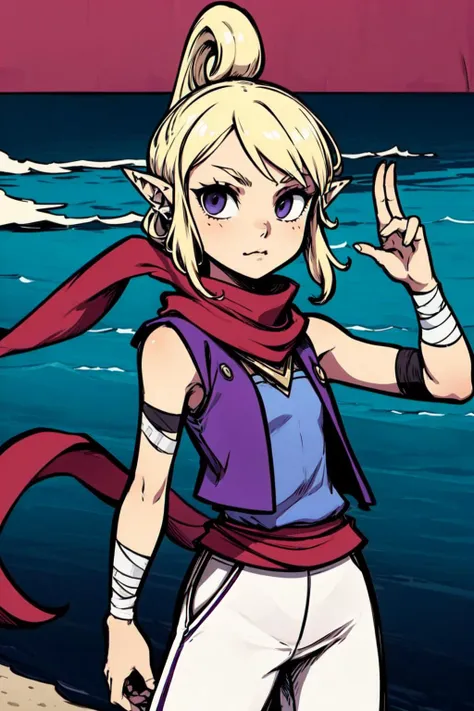 1girl, small girl, flat chest, solo, white slim pants, purple sleeveless shirt, blue vest, red scarf, red sash, forearm bandage, <lora:Tetra_Zelda:0.6>, Tetra_Zelda, outdoors, island, sea, dynamic pose, <lora:add_detail:0.7>, <lora:th1ckan1m3:1>, th1ckan1m3,