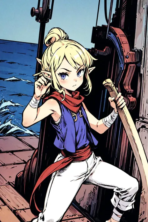 1girl, small girl, flat chest, solo, white slim pants, purple sleeveless shirt, blue vest, red scarf, red sash, forearm bandage, <lora:Tetra_Zelda:0.6>, Tetra_Zelda, outdoors, island, sea, dynamic pose, <lora:add_detail:0.7>, <lora:th1ckan1m3:1>, th1ckan1m3,