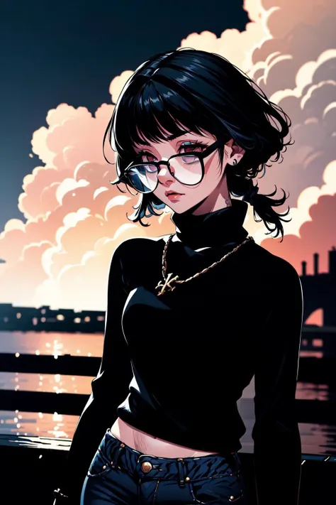 1girl, solo, <lora:Shizuku_Murasaki_v2:0.8>, shizuku_murasaki, glasses, crimson eyes, blue jeans, black sweater, outdoors, <lora:add_detail:0.7>, <lora:th1ckan1m3:0.8>, th1ckan1m3,