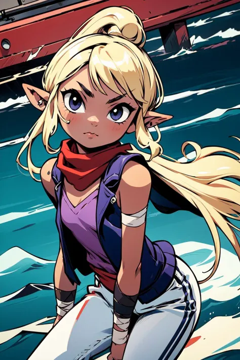 1girl, small girl, flat chest, solo, white slim pants, purple sleeveless shirt, blue vest, red scarf, red sash, forearm bandage, <lora:Tetra_Zelda:0.6>, Tetra_Zelda, outdoors, island, sea, dynamic pose, <lora:add_detail:0.7>, <lora:th1ckan1m3:1>, th1ckan1m3,