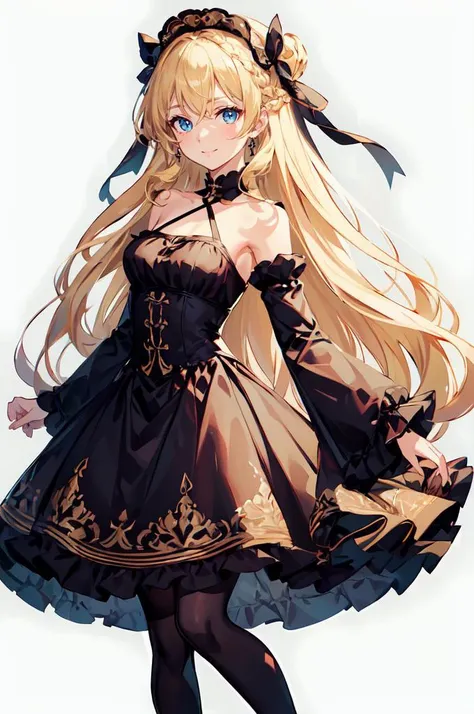 ultra detailed, masterpiece, best quality, solo, soft smile, light smile,
1girl, blue eyes, very long hair, blonde hair, long blonde hair, french braid, bangs, medium breasts,
hair ribbon, frilled choker, criss-cross halter, sleeveless dress, high-waist skirt, backless dress, waist bow, detached sleeves, frilled sleeves, wide sleeves, pantyhose, patterned legwear, mary janes, <lora:clothing details_v1.2_1_AD:-1>