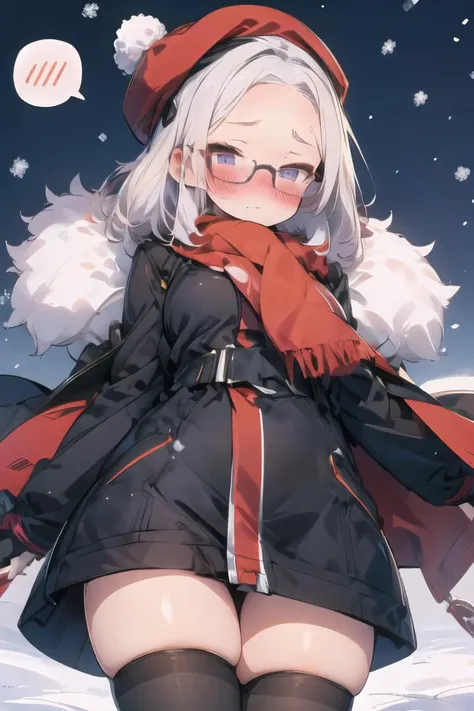 <lora:onech:1>onech,white hair, blush,   standing,winter clothes,closed coat, fur-trimmed gloves, fur-trimmed legwear, fur hat,
snowing,  night,cold,from below, 
 <lora:clothing details_v1.2_1_AD:-2> <lora:speech_bubble_v1:1>spoken blush