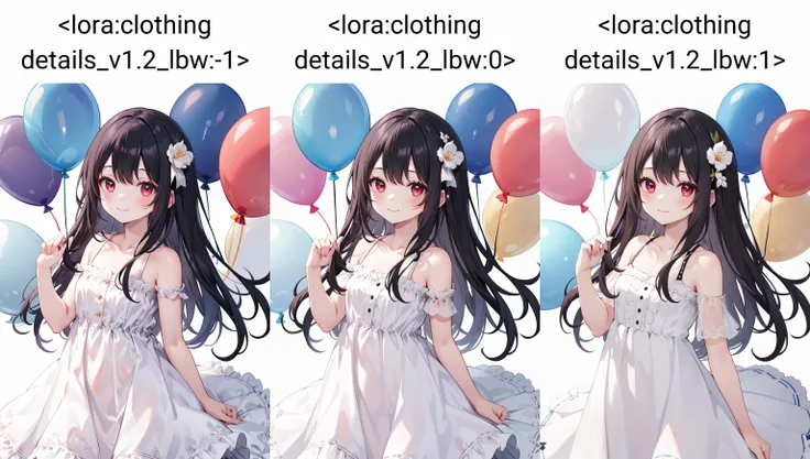 1girl,solo,black hair,red eyes,long hair,(???, child:1),
white dress,bare shoulders,collarbone,
smile,
cowboy shot,
white background,balloon,many balloon,
<lora:clearcolor_v1.7_lbw:0>,<lora:clothing details_v1.2_lbw:-1>,