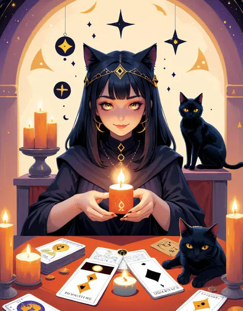 Image type:Illustration An enigmatic fortune teller using cardboard for Tarot reading, surrounded by flickering candles and mystical symbols, with a black cat perched on their shoulder, peering into the future with a mischievous grin.