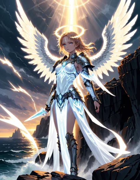 Image type of illustration of "Blade Winged Angel":An ethereal angel with wings made of shimmering, razor-sharp blades, wearing intricate armor adorned with glowing runes, standing on a rocky cliff overlooking a stormy sea, with a halo of light surrounding her head as she gazes intently into the distance.