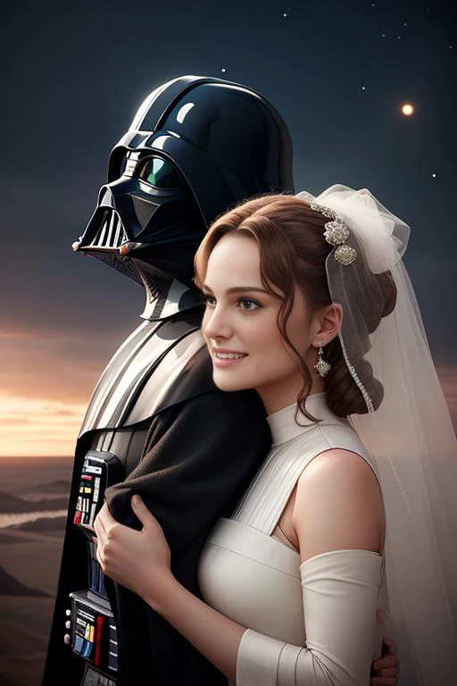 a couple, darth vader helmet, padme amidala, star wars, wedding, ornate, romantic, photography, cgi, 3d, smile, happy,