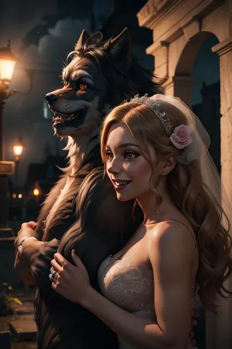 a couple werewolf, wedding, ornate, graveyard, horror \(theme\), romantic, photography, cgi, 3d, smile, happy,