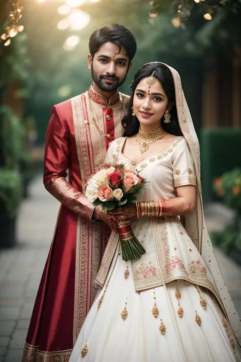 india traditional wedding , holding a bouquet of flowers, happy, smile, romantic, roses, garden, outdoors, details, Photorealistic, Hyperrealistic, Hyperdetailed, analog style, hip cocked, demure, low cut, black lace, detailed skin, matte skin, soft lighting, subsurface scattering, realistic, heavy shadow, masterpiece, best quality, ultra realistic, 8k, golden ratio, Intricate, High Detail, film photography, soft focus, bokeh,