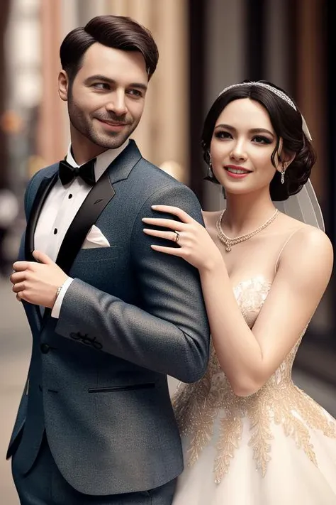 couple wedding man wear tuxedo and woman, look at each other, happy, smile, romantic, roses, garden, outdoors, details, Photorealistic, Hyperrealistic, Hyperdetailed, analog style, hip cocked, demure, low cut, black lace, detailed skin, matte skin, soft lighting, subsurface scattering, realistic, heavy shadow, masterpiece, best quality, ultra realistic, 8k, golden ratio, Intricate, High Detail, film photography, soft focus, bokeh,