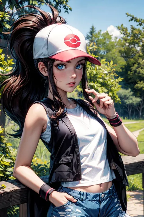 thick outlines, comics, photorealistic, perfect hands, masterpiece:1.2, colorful, 1girl, solo, dynamic pose, <lora:hilda:0.8>, hilda, long hair, sidelocks, high ponytail, ponytail, blue eyes, brown hair, hilda, long hair, hat, baseball cap, looking at viewer, sidelocks, high ponytail, shorts, ponytail, denim shorts, denim, short shorts, vest, shirt, wristband, sleeveless, white shirt, black vest, sleeveless shirt, town near a forest, detailed face, detailed eyes, <lora:add_detail:0.7>