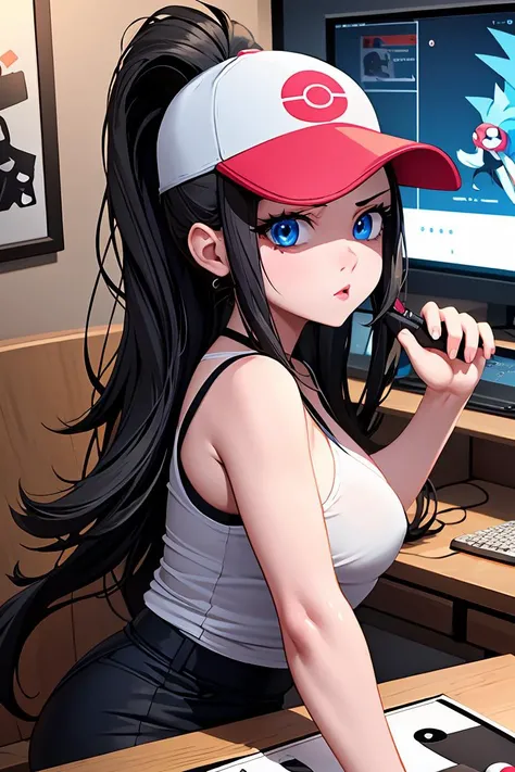 (masterpiece, best quality), 1girl, <lora:hilda pokemon by Goofy Ai:1> hilda pokemon, baseball cap, high ponytail,long hair, blue eyes, playing games, monitor,