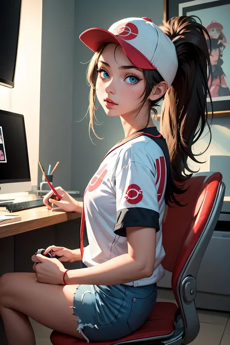 (masterpiece, best quality), 1girl, <lora:hilda pokemon by Goofy Ai:1> hilda pokemon, baseball cap, high ponytail,long hair, blue eyes, playing games, monitor,