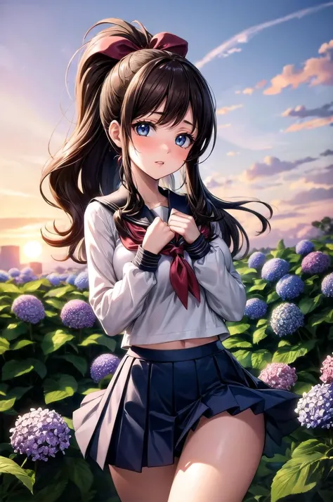 (masterpiece, best quality, detailed), 1girl, solo, looking at viewer, hilda pokemon, high ponytail,long hair, blue eyes,
school uniform, pleated skirt, neckerchief, kneehighs, miniskirt, hair ribbon, outdoors, garden, grass, sunset, hydrangea, <lora:breasts_squeezed_together_v0.2:1> breasts squeezed together, hands on own chest, parted lips, nose blush