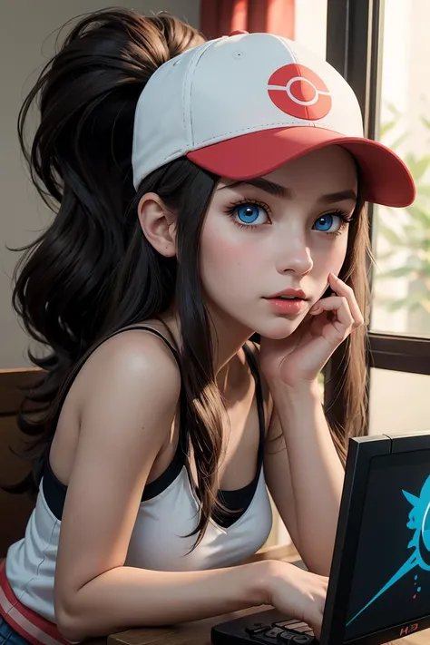 (masterpiece, best quality), 1girl, <lora:hilda pokemon by Goofy Ai:1> hilda pokemon, baseball cap, high ponytail,long hair, blue eyes, playing games, monitor,
