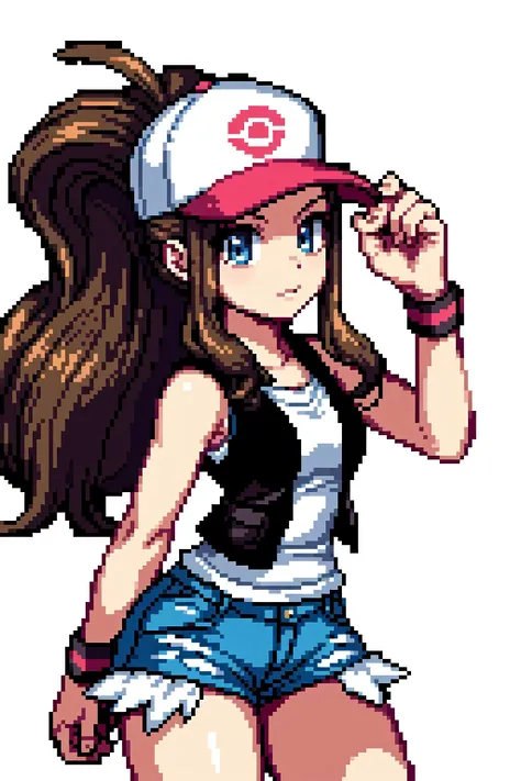 thick outlines, comics, photorealistic, perfect hands, masterpiece:1.2, colorful, 1girl, solo, dynamic pose, <lora:hilda:0.8>, hilda, long hair, sidelocks, high ponytail, ponytail, blue eyes, brown hair, hilda, long hair, hat, baseball cap, looking at viewer, sidelocks, high ponytail, shorts, ponytail, denim shorts, denim, short shorts, vest, shirt, wristband, sleeveless, white shirt, black vest, sleeveless shirt, town near a forest, detailed face, detailed eyes, <lora:add_detail:0.7>