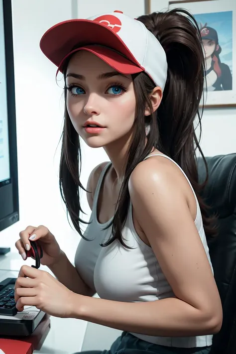 (masterpiece, best quality), 1girl,  <lora:hilda pokemon by Goofy Ai:1> hilda pokemon, baseball cap, high ponytail,long hair, blue eyes, playing games, monitor,