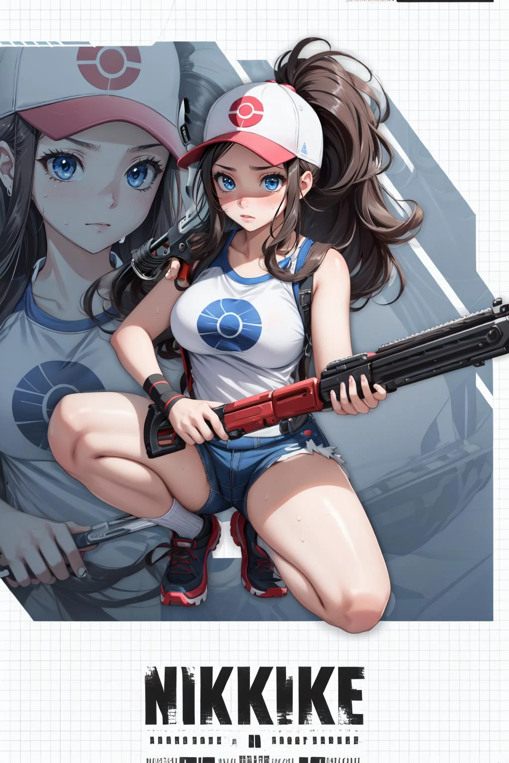 (masterpiece, best quality), intricate details,
1girl, <lora:hilda_pokemon:0.8> hilda pokemon, high ponytail,long hair, blue eyes, baseball cap,
sweating, boob sweat, blushing,
<lora:NikkeProfile:0.8> IncrsNikkeProfile, full body, zoom layer, holding weapon, holding gun, one knee