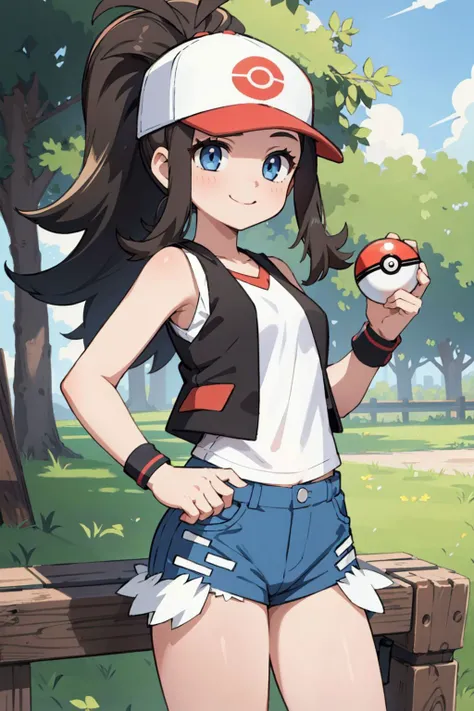 (Masterpiece:1.3), (best quality:1.2), (detailed background:1.1), (intricate details:1.1), 1girl, hilda pokemon, baseball cap, high ponytail, long hair, blue eyes, shorts, shirt, vest, wristband, outdoors, smile, sunshine, holding pokeball, <lora:hilda_pokemon_goofyai:1.0>