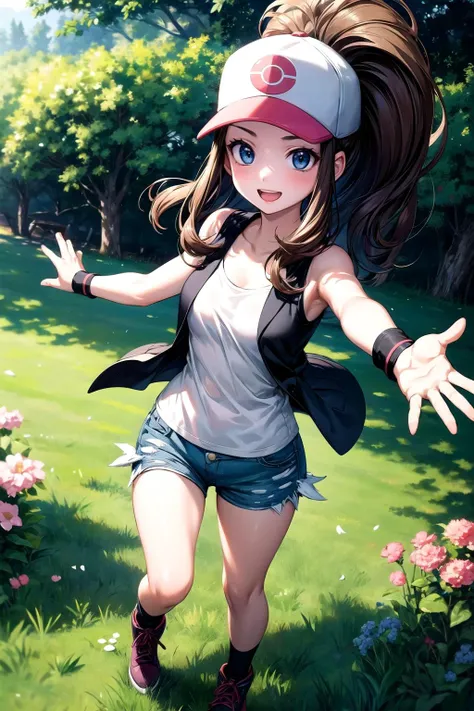 (masterpiece, best quality, detailed), 1girl, solo, looking at viewer, hilda pokemon, high ponytail,long hair, blue eyes,
baseball cap, vest, denim shorts, white shirt, short shorts, sleeveless, sleeveless shirt, black vest, wristband, outdoors, forest, nature, grass, tree, flower, leaf, night, dark, spread arms, outstretched arms, smile, open mouth, from above