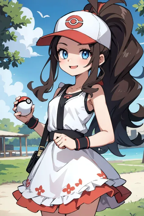 (Masterpiece:1.3), (best quality:1.2), (detailed background:1.1), (intricate details:1.1), 1girl, hilda pokemon, baseball cap, high ponytail, long hair, blue eyes, dress, frills, wristband, outdoors, smile, sunshine, holding pokeball, <lora:hilda_pokemon_goofyai:1.0>