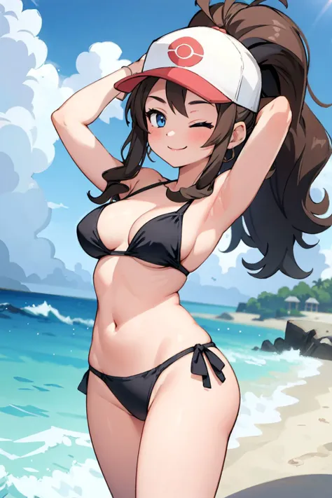 (Masterpiece:1.3), (best quality:1.2), (detailed background:1.1), (intricate details:1.1), 1girl, hilda pokemon, medium breasts, high ponytail, baseball cap, long brown hair, blue eyes, swimsuit, sexy pose, smile, one arm up, one eye closed, outdoors, beach, sunshine, <lora:hilda_pokemon_goofyai:1.0>