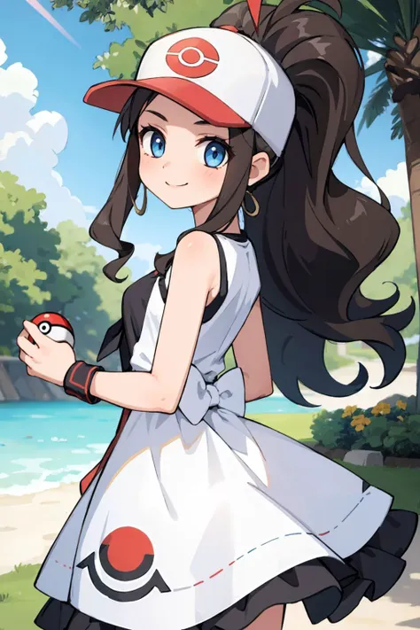 (Masterpiece:1.3), (best quality:1.2), (detailed background:1.1), (intricate details:1.1), 1girl, hilda pokemon, baseball cap, high ponytail, long hair, blue eyes, dress, wristband, outdoors, smile, sunshine, holding pokeball, <lora:hilda_pokemon_goofyai:1.0>