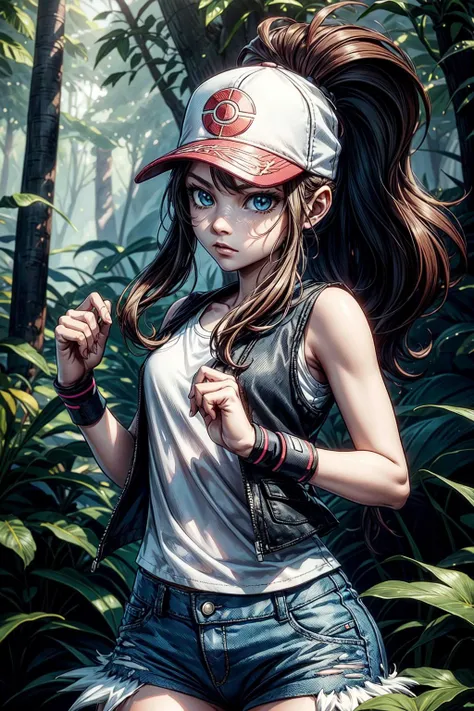 thick outlines, comics, photorealistic, perfect hands, masterpiece:1.2, colorful, 1girl, solo, dynamic pose, <lora:hilda:0.8>, hilda, long hair, sidelocks, high ponytail, ponytail, blue eyes, brown hair, hilda, long hair, hat, baseball cap, looking at viewer, sidelocks, high ponytail, shorts, ponytail, denim shorts, denim, short shorts, vest, shirt, wristband, sleeveless, white shirt, black vest, sleeveless shirt, town near a forest, detailed face, detailed eyes, <lora:add_detail:0.7>