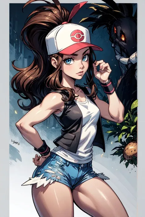 thick outlines, comics, photorealistic, perfect hands, masterpiece:1.2, colorful, 1girl, solo, dynamic pose, <lora:hilda:0.8>, hilda, long hair, sidelocks, high ponytail, ponytail, blue eyes, brown hair, hilda, long hair, hat, baseball cap, looking at viewer, sidelocks, high ponytail, shorts, ponytail, denim shorts, denim, short shorts, vest, shirt, wristband, sleeveless, white shirt, black vest, sleeveless shirt, town near a forest, detailed face, detailed eyes, <lora:add_detail:0.7>