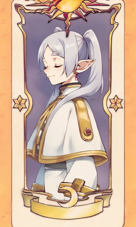 score_9, score_8_up, score_7_up, score_6_up, score_5_up, score_4_up, BREAK,
closed eyes, card, solo, tarot, smile,
frieren, grey hair, twintails, pointy ears, eyebrows, white capelet with long sleeves,
<lora:FrierenXL:1> <lora:ClowcardsXLLocon:1>