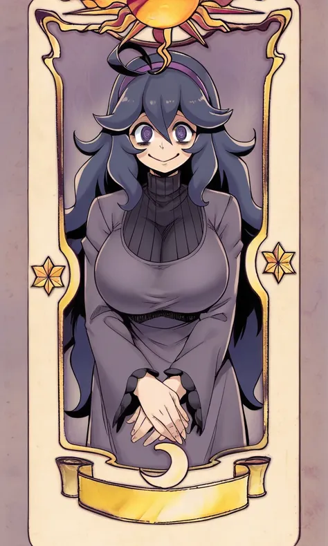 score_9, score_8_up, score_7_up, score_6_up, score_5_up, score_4_up, BREAK,
closed eyes, card, solo, tarot, smile,
hex_maniac_(pokemon), 1girl, purple eyes, hairband, huge breasts,
<lora:ClowcardsXLLocon:1>