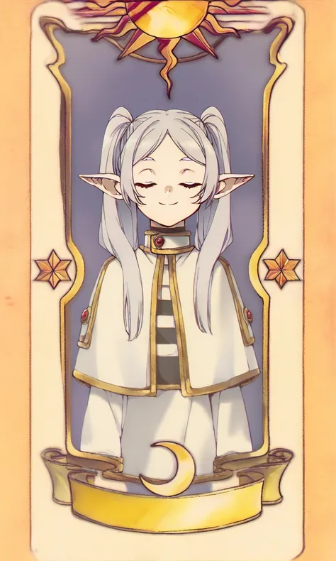 score_9, score_8_up, score_7_up, score_6_up, score_5_up, score_4_up, BREAK,
closed eyes, card, solo, tarot, smile,
frieren, grey hair, twintails, pointy ears, eyebrows, white capelet with long sleeves,
<lora:FrierenXL:1> <lora:ClowcardsXLLocon:1>