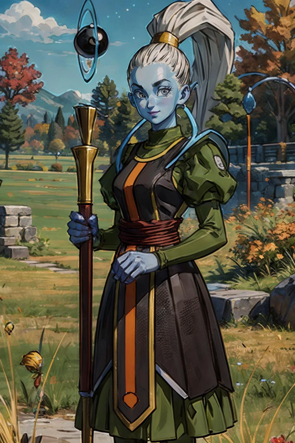 Vados (dragon ball), colored skin, blue skin, long white hair, ponytail, long sleeves, puffy sleeves, dress, looking at viewer, serious, smiling, medium shot, standing, holding a staff, outside, field, trees, autumn, high quality, masterpiece, <lora:OGT_U6_Vados-v1:.8>
