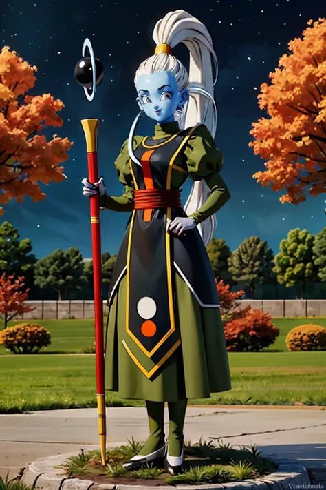 Vados (dragon ball), colored skin, blue skin, long white hair, ponytail, long sleeves, puffy sleeves, dress, looking at viewer, smiling, full body shot, standing, holding a staff, outside, field, trees, autumn, high quality, masterpiece, <lora:OGT_U6_Vados-v1:.8>