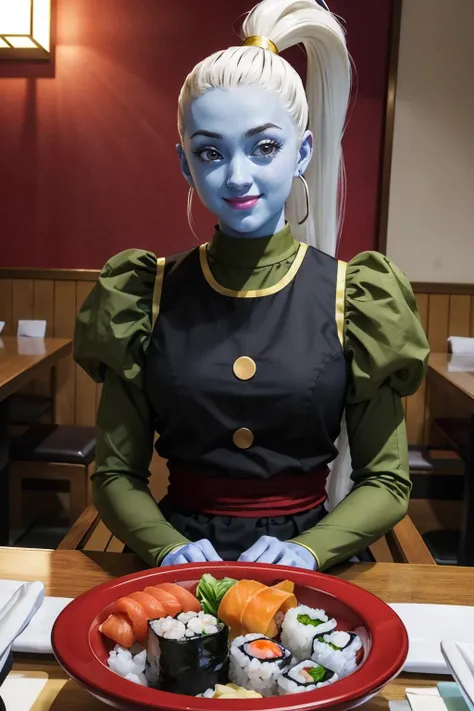 Vados (dragon ball), colored skin, blue skin, long white hair, ponytail, long sleeves, puffy sleeves, dress, looking at viewer, smiling, teeth, sitting behind a table, inside a japanese restaurant, table full of food, sushi platter, sake, rice cake, soft lighting, high quality, masterpiece <lora:OGT_U6_Vados-v1:.7>