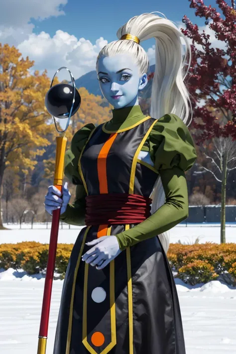 Vados (dragon ball), colored skin, blue skin, long white hair, ponytail, long sleeves, puffy sleeves, dress, looking at viewer, serious, smiling, sitting on bench, outside, field, trees, snow, autumn, overcast, high quality, masterpiece, <lora:OGT_U6_Vados-v1:.7>