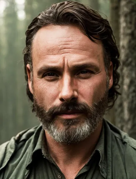 (Award Winning Photo:1.3) of facial camera, a man 45 yo, in forest, commoner cloth <lora:Andrew Lincoln:0.8>,Highly Detailed,(close portrait:1.3),(Masculine:1.4),attractive,handsome,calendar pose,perfectly detailed eyes,studio lighting,thematic background